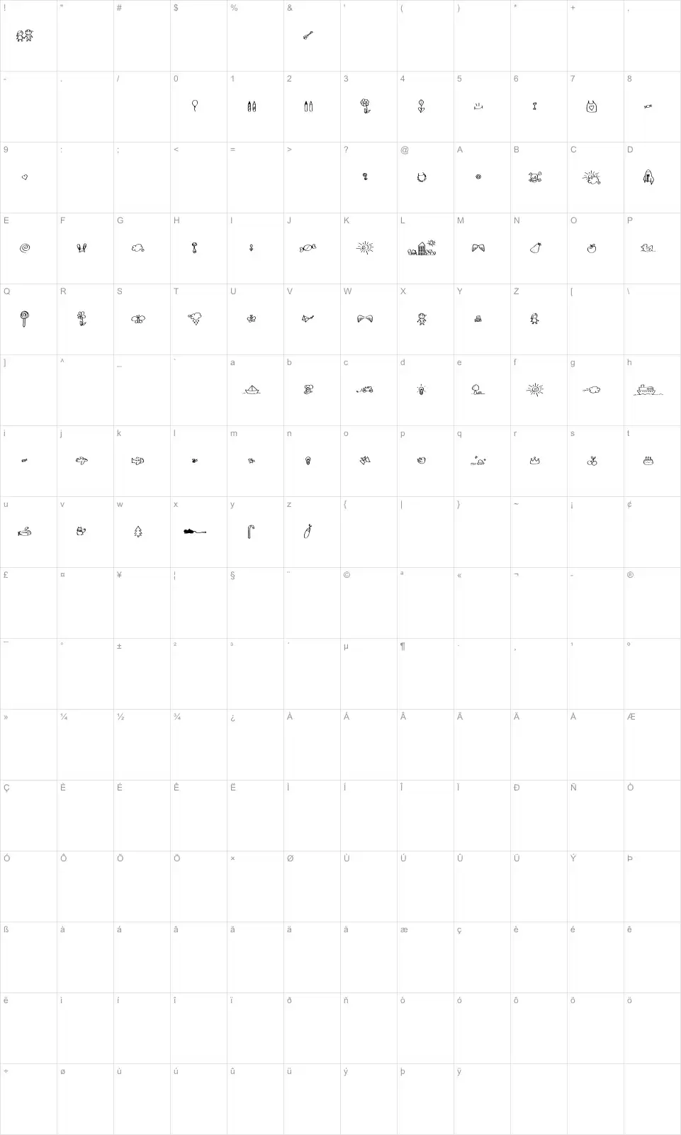 Mapa de caracteres da fonte Sleep on the moon