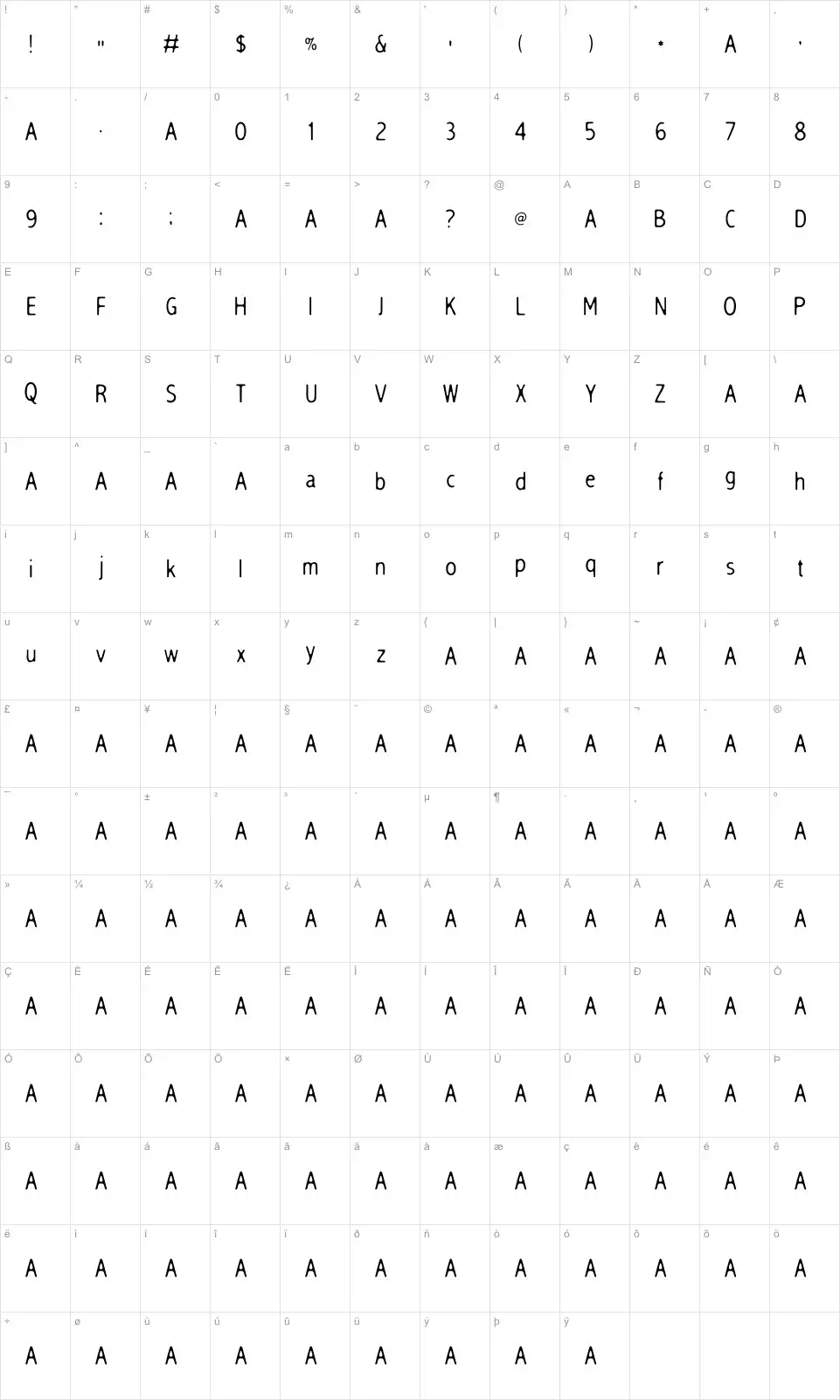 Mapa de caracteres da fonte Sleep Talk