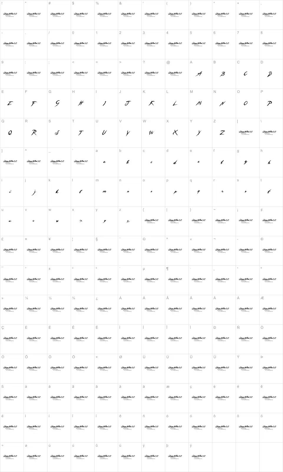 Mapa de caracteres da fonte Sleepy Hollow