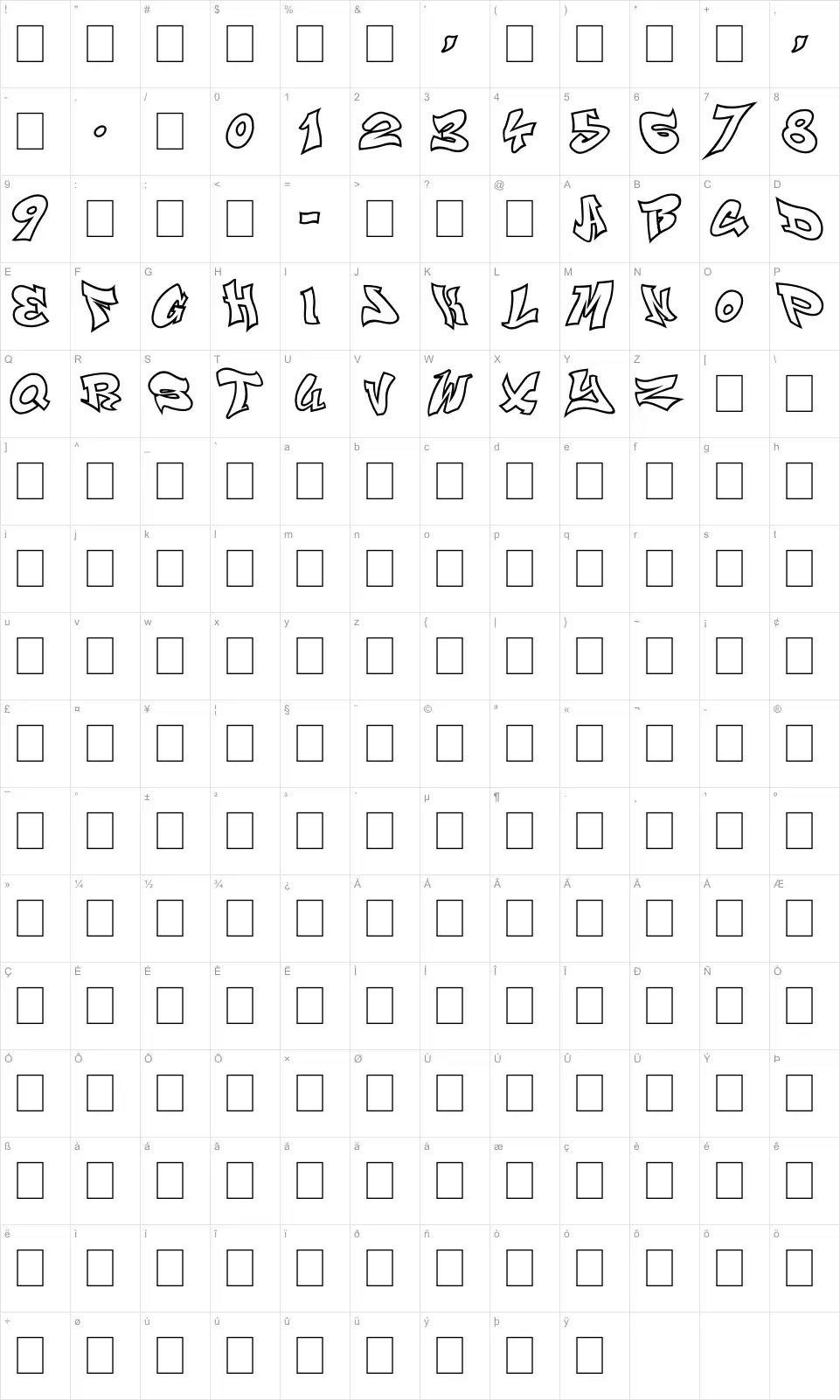Mapa de caracteres da fonte Smasher 312