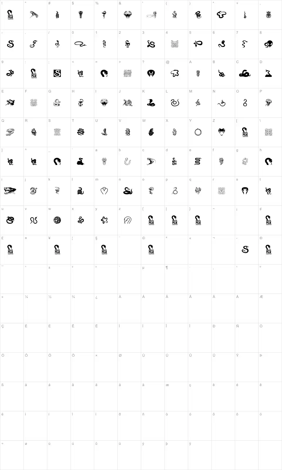 Mapa de caracteres da fonte Snake Mix