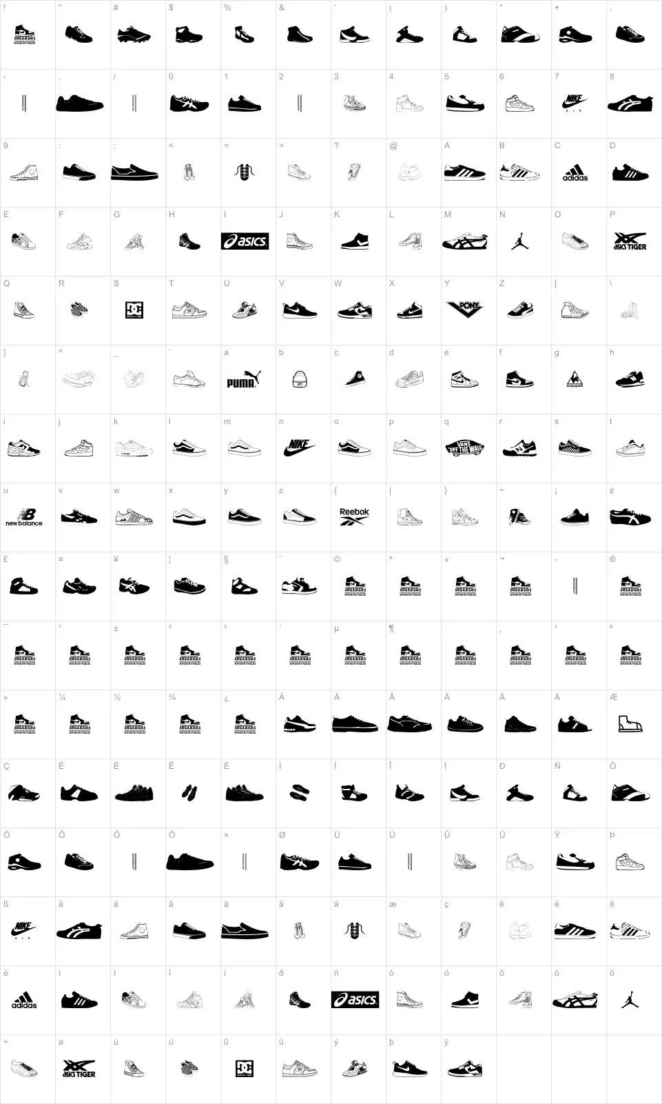 Mapa de caracteres da fonte Sneakers