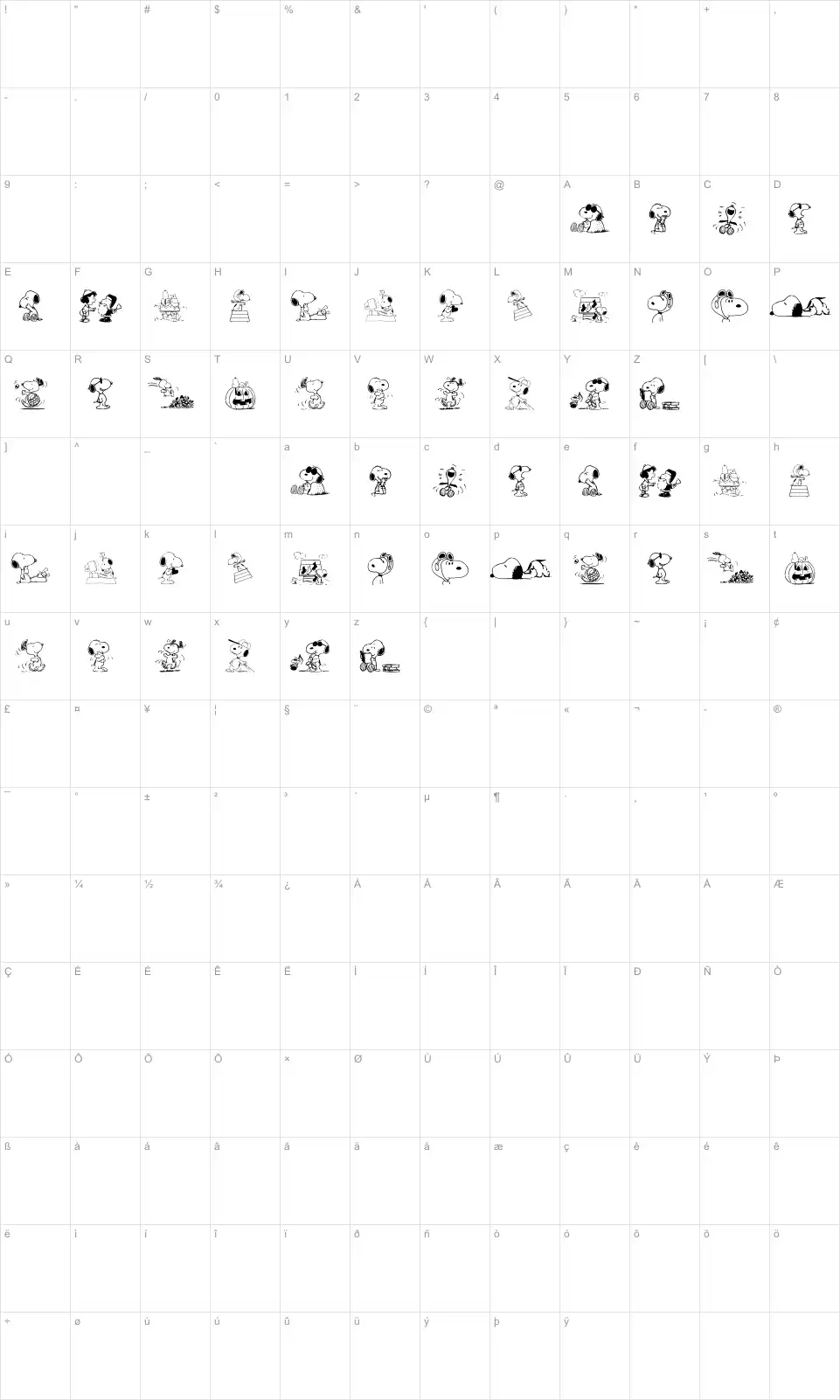 Mapa de caracteres da fonte Snoopy Dings