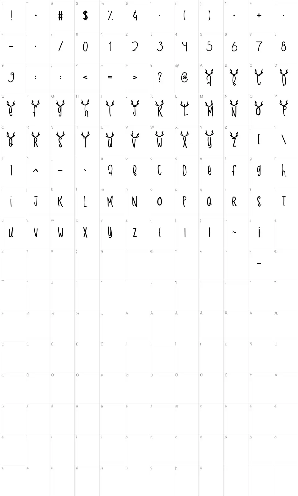 Mapa de caracteres da fonte Snow Deer