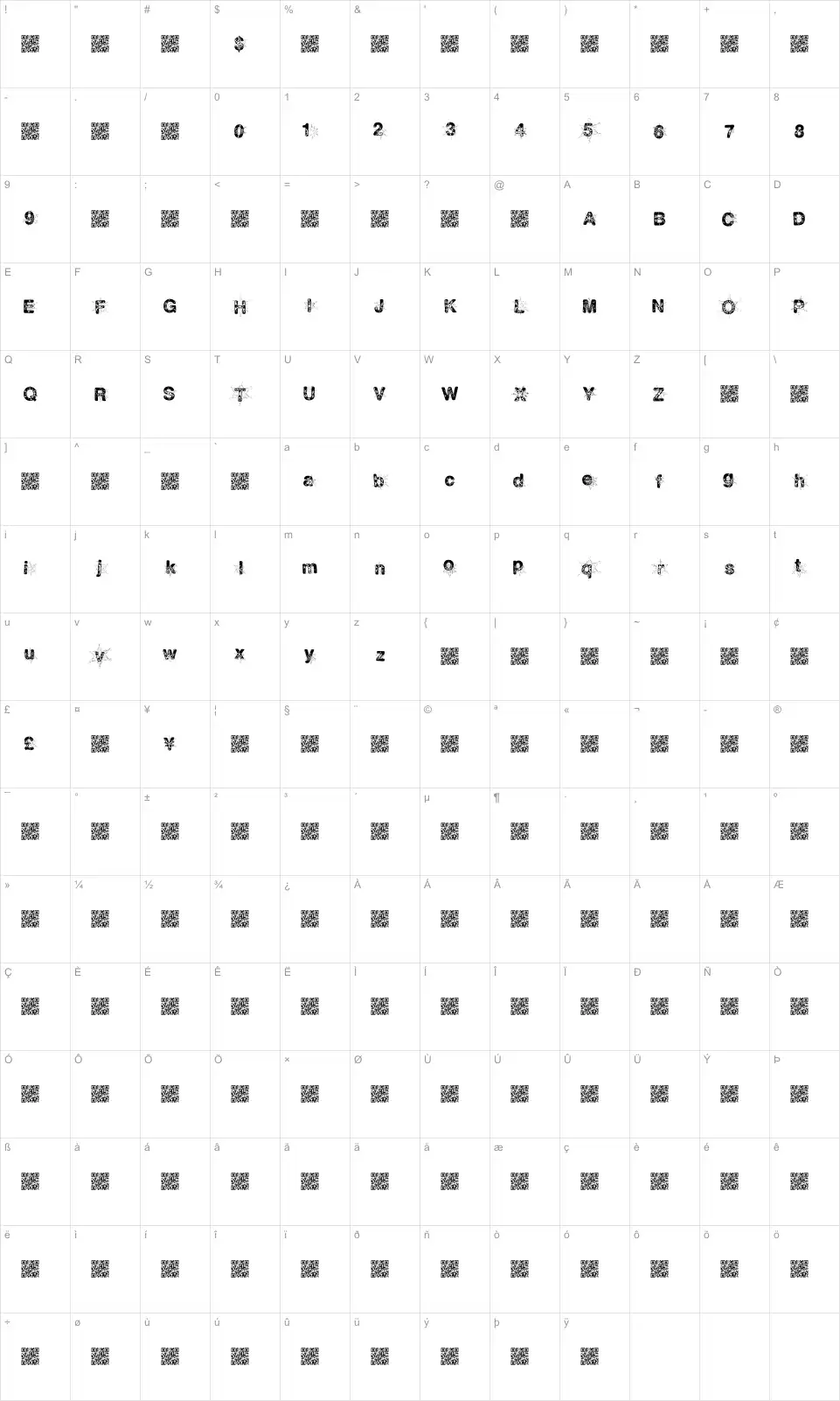 Mapa de caracteres da fonte Snow Flakes