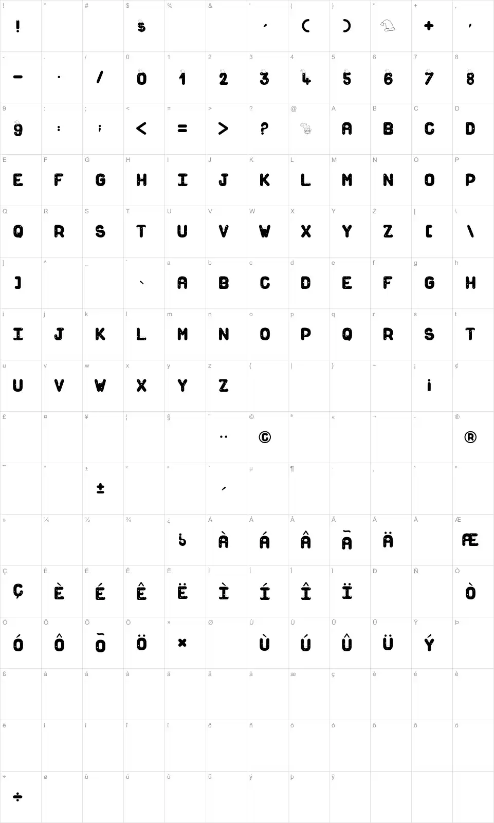 Mapa de caracteres da fonte Snow For Santa