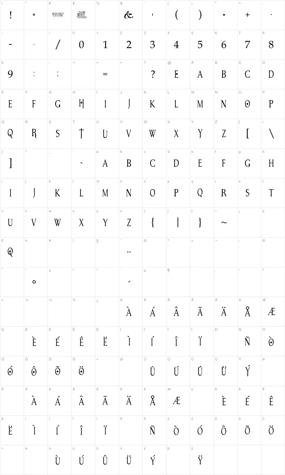 Mapa de caracteres da fonte Snow White