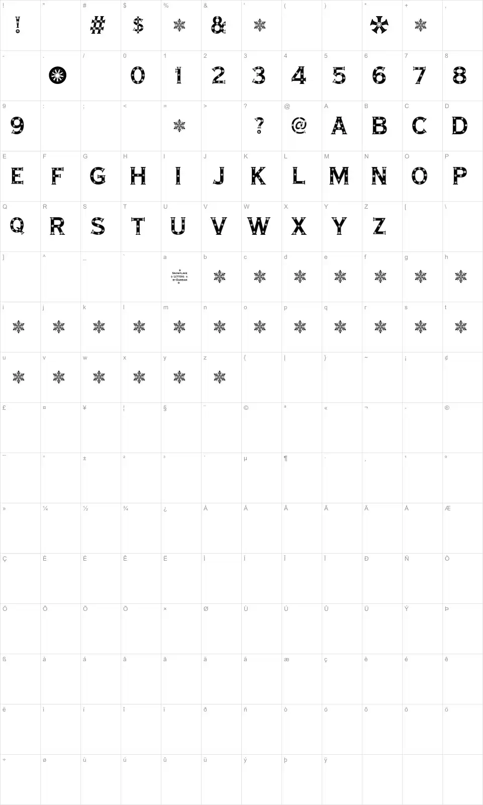 Mapa de caracteres da fonte Snowflake Letters