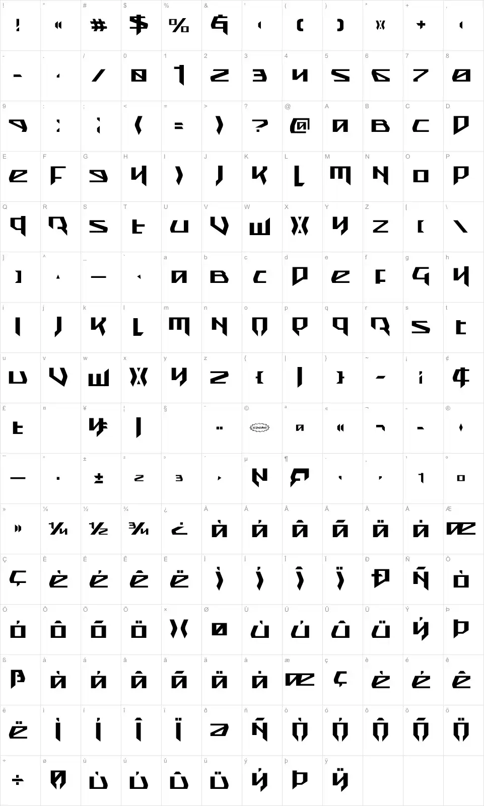 Mapa de caracteres da fonte Snubfighter