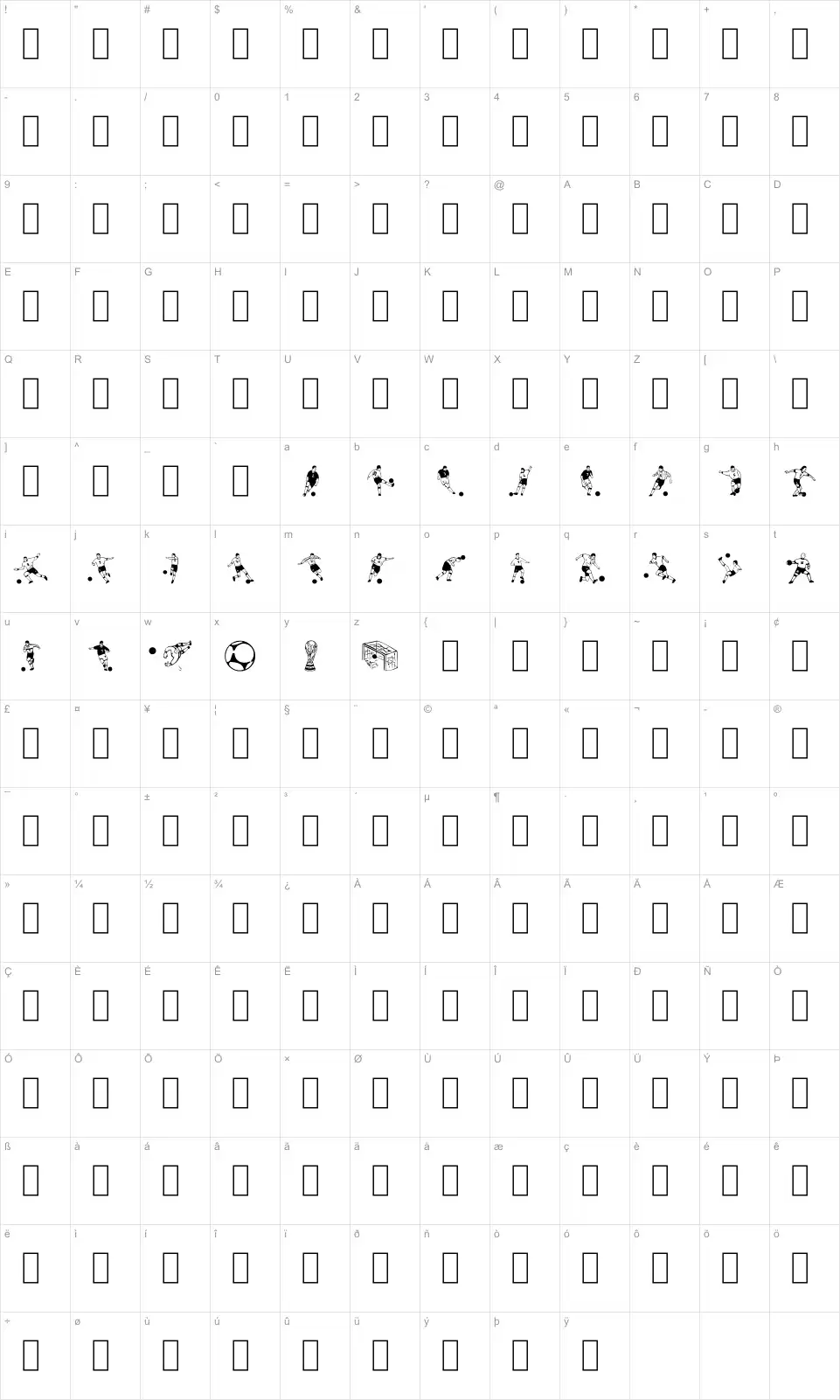 Mapa de caracteres da fonte Soccer Dance