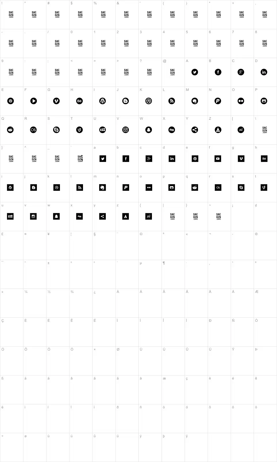 Mapa de caracteres da fonte Social Type