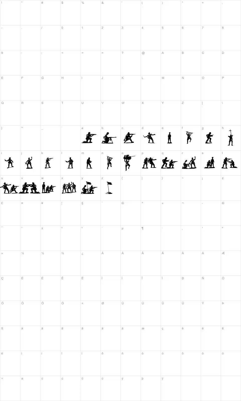 Mapa de caracteres da fonte Soldiers of Hell