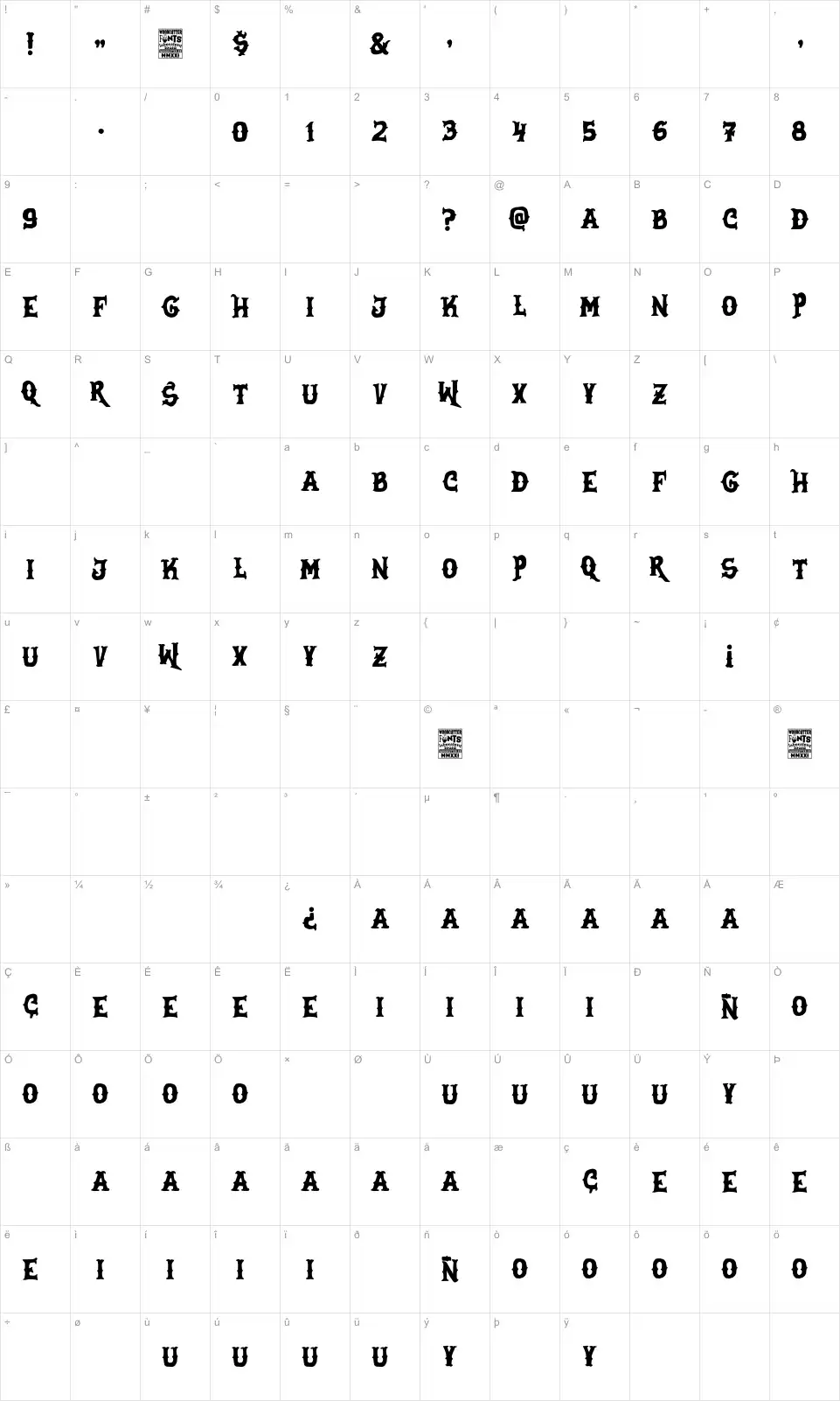 Mapa de caracteres da fonte Sons of Pain M.C.
