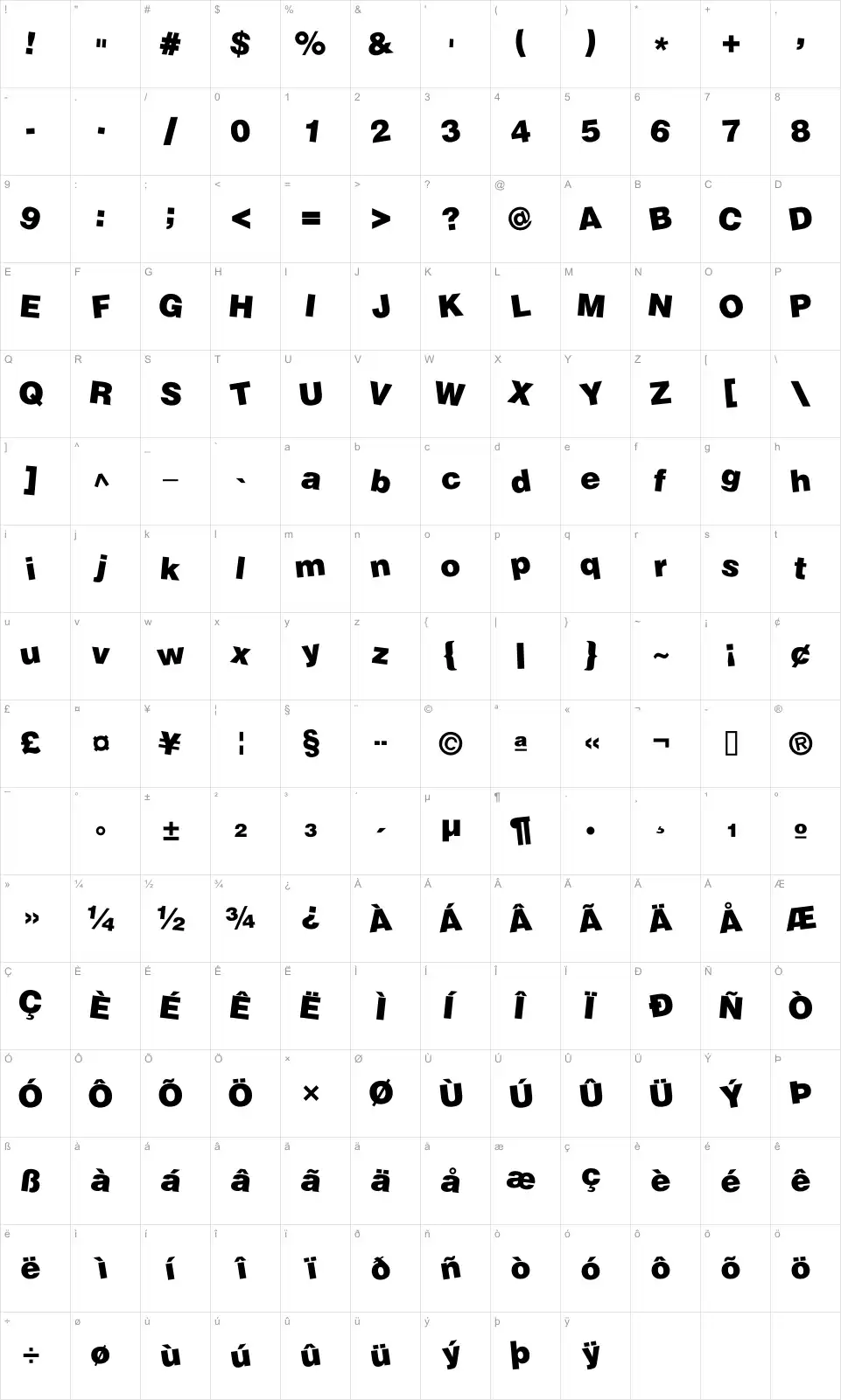 Mapa de caracteres da fonte Soopafresh