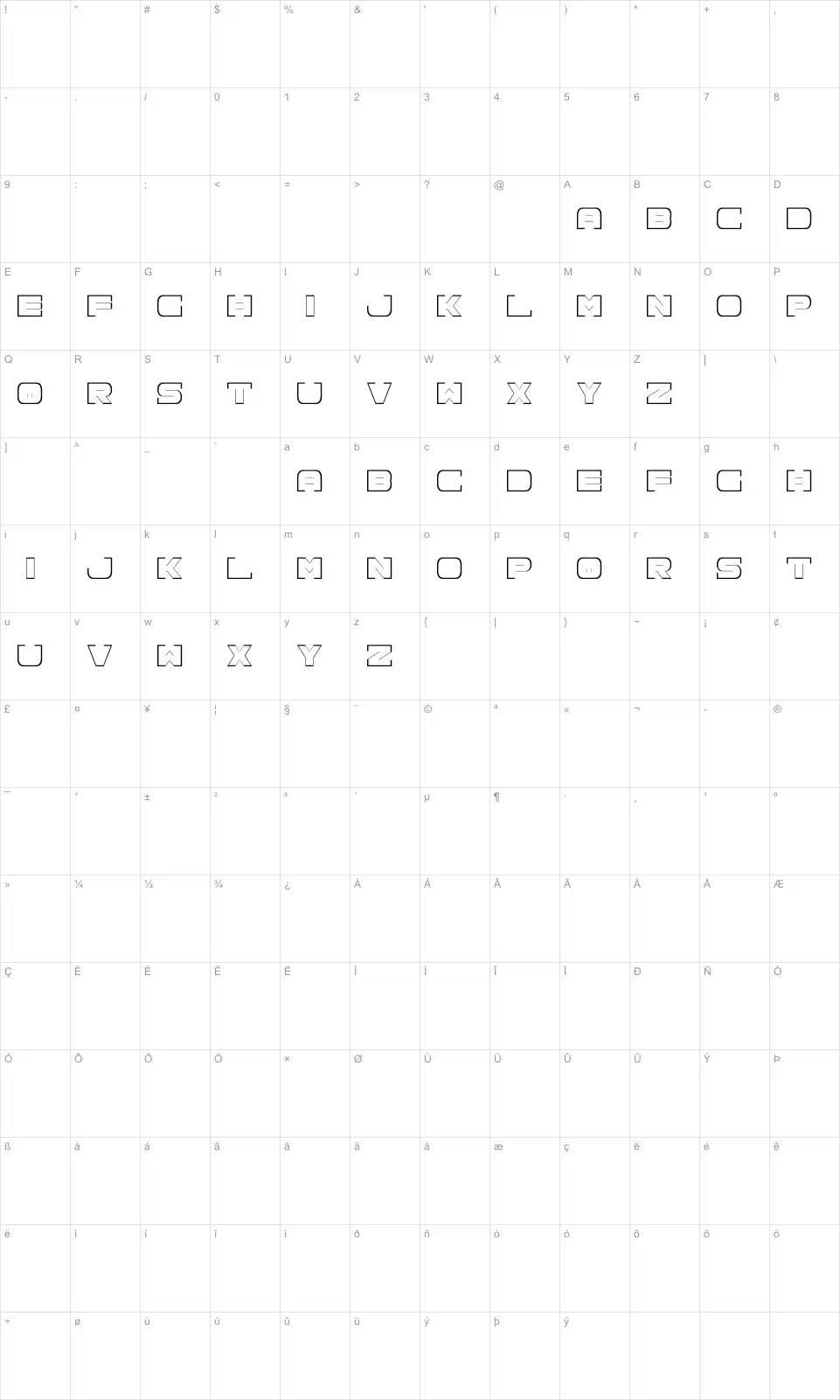 Mapa de caracteres da fonte Spac3 neon
