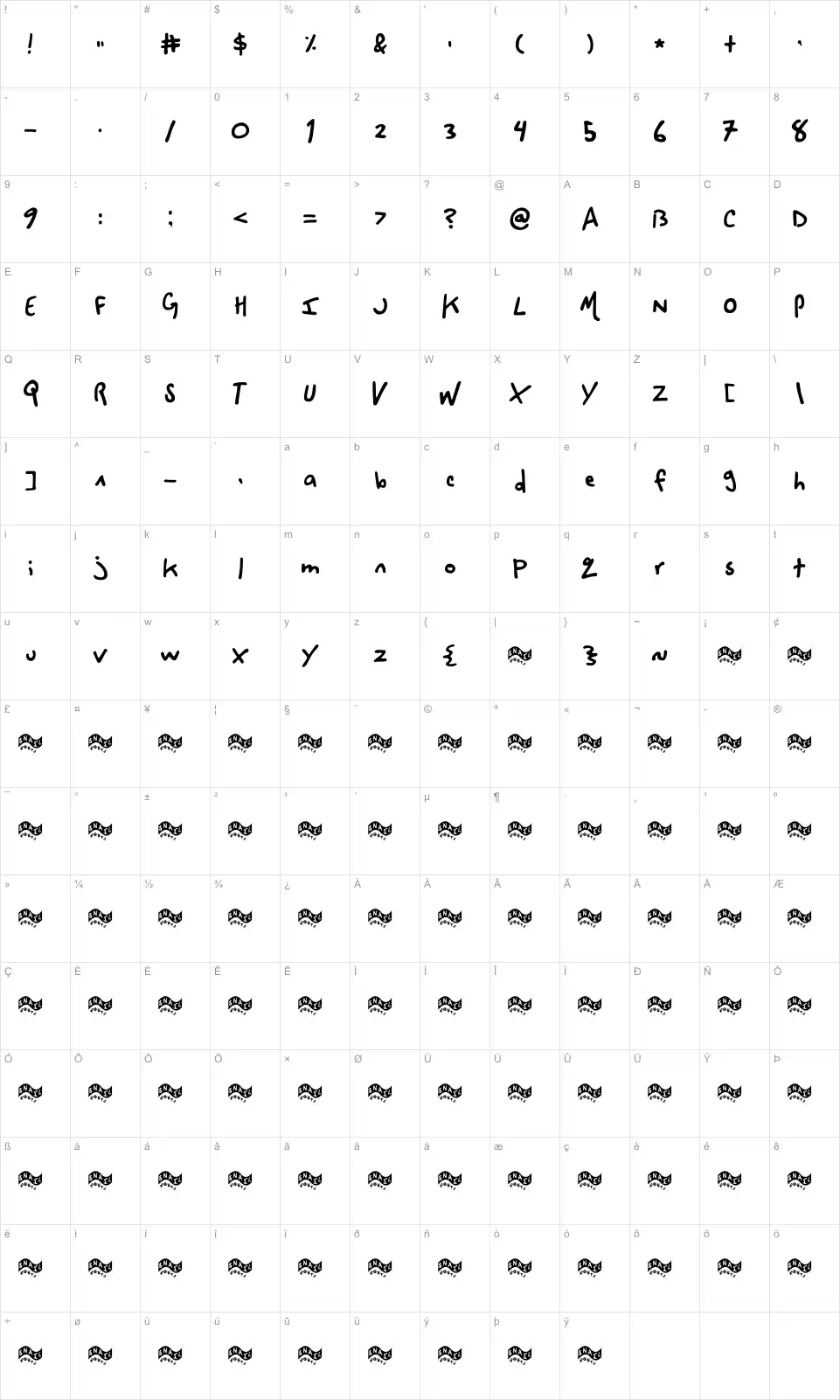 Mapa de caracteres da fonte Space Cowboy