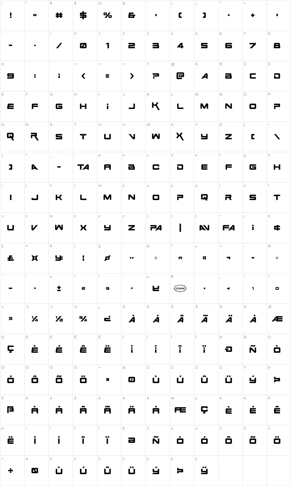 Mapa de caracteres da fonte Space Ranger