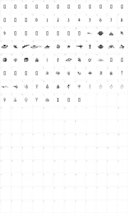 Mapa de caracteres da fonte Space Woozies Extras