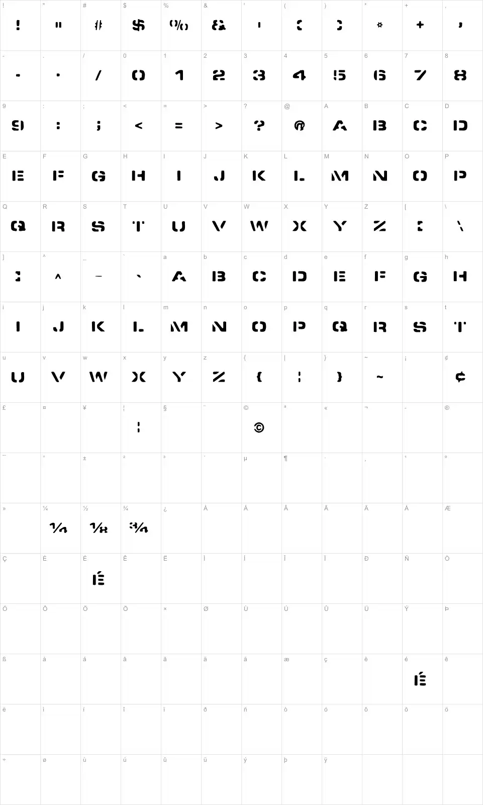 Mapa de caracteres da fonte Spacedock Stencil