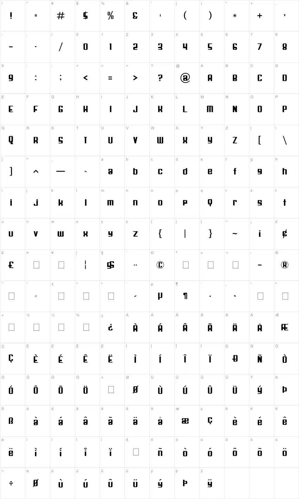 Mapa de caracteres da fonte Spaceship Bullet