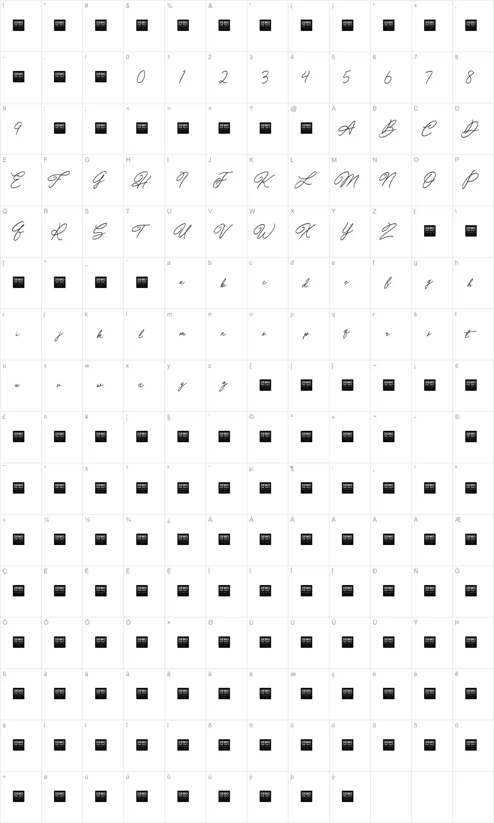 Mapa de caracteres da fonte Special Touch