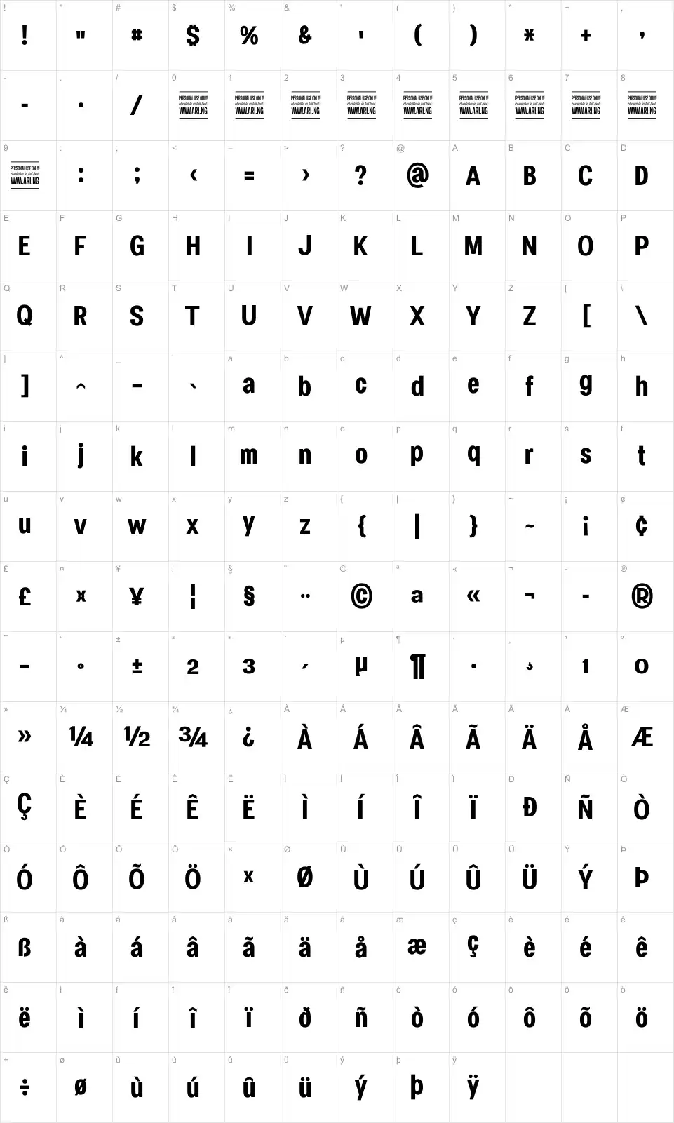Mapa de caracteres da fonte Specify
