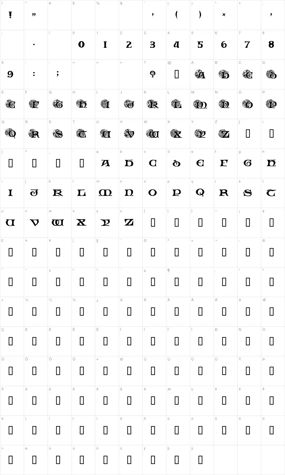 Mapa de caracteres da fonte Spiral Initials