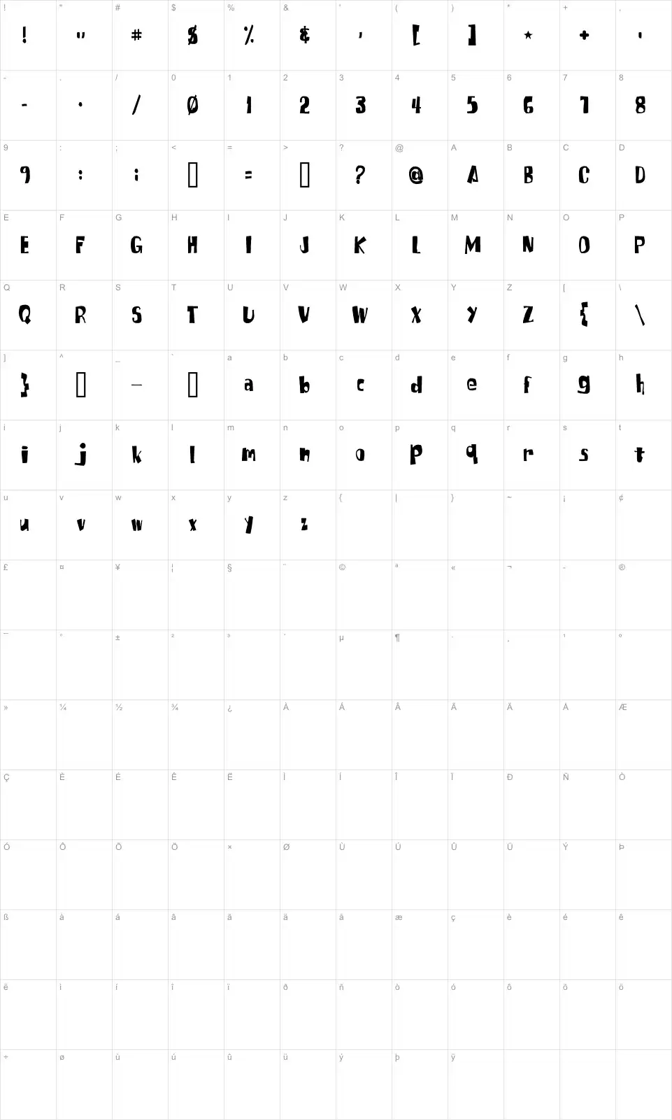 Mapa de caracteres da fonte SpongeFont Square Type