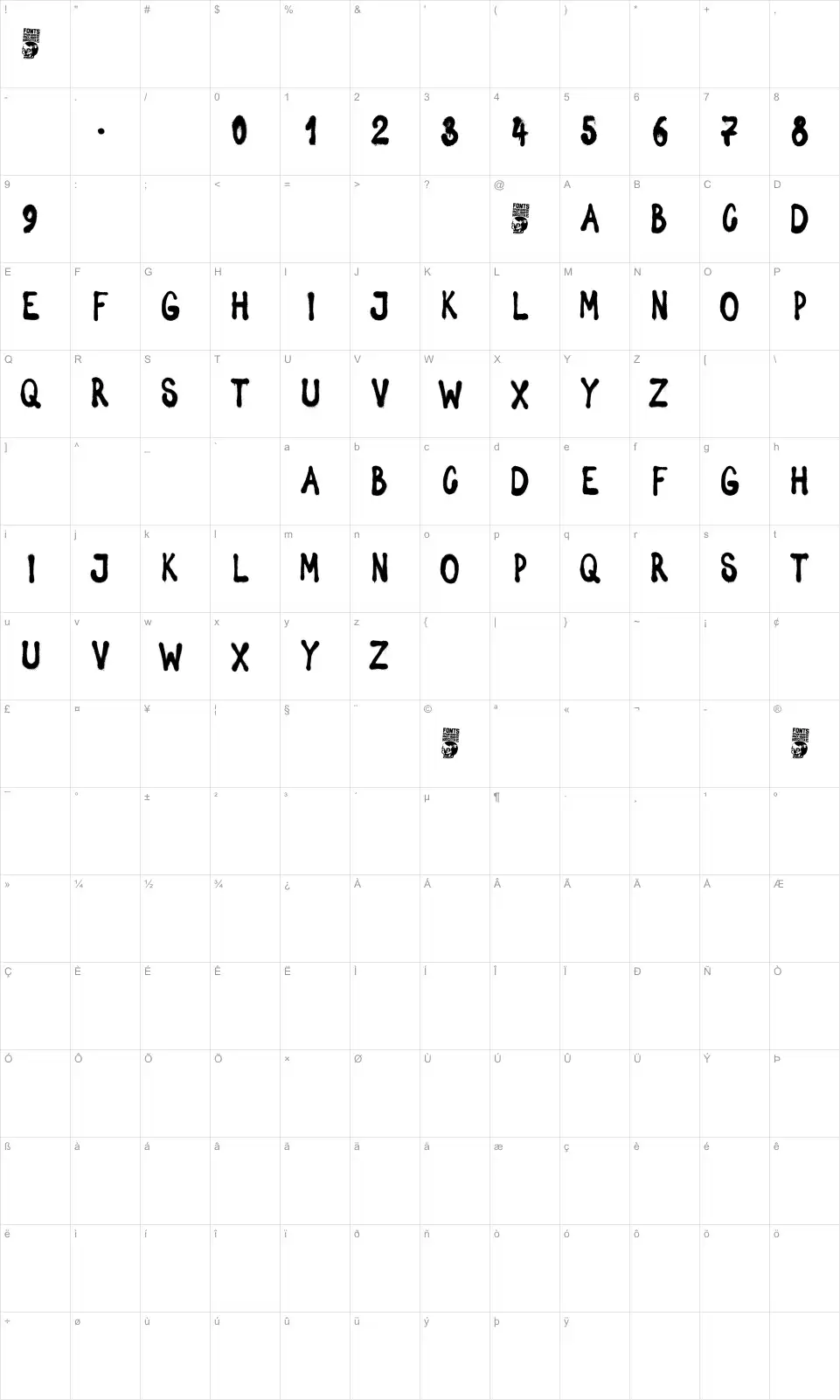 Mapa de caracteres da fonte Spray Letters