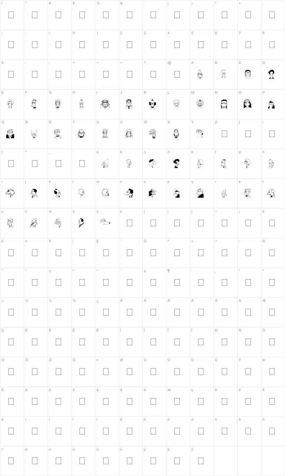 Mapa de caracteres da fonte Springfield Mugshots