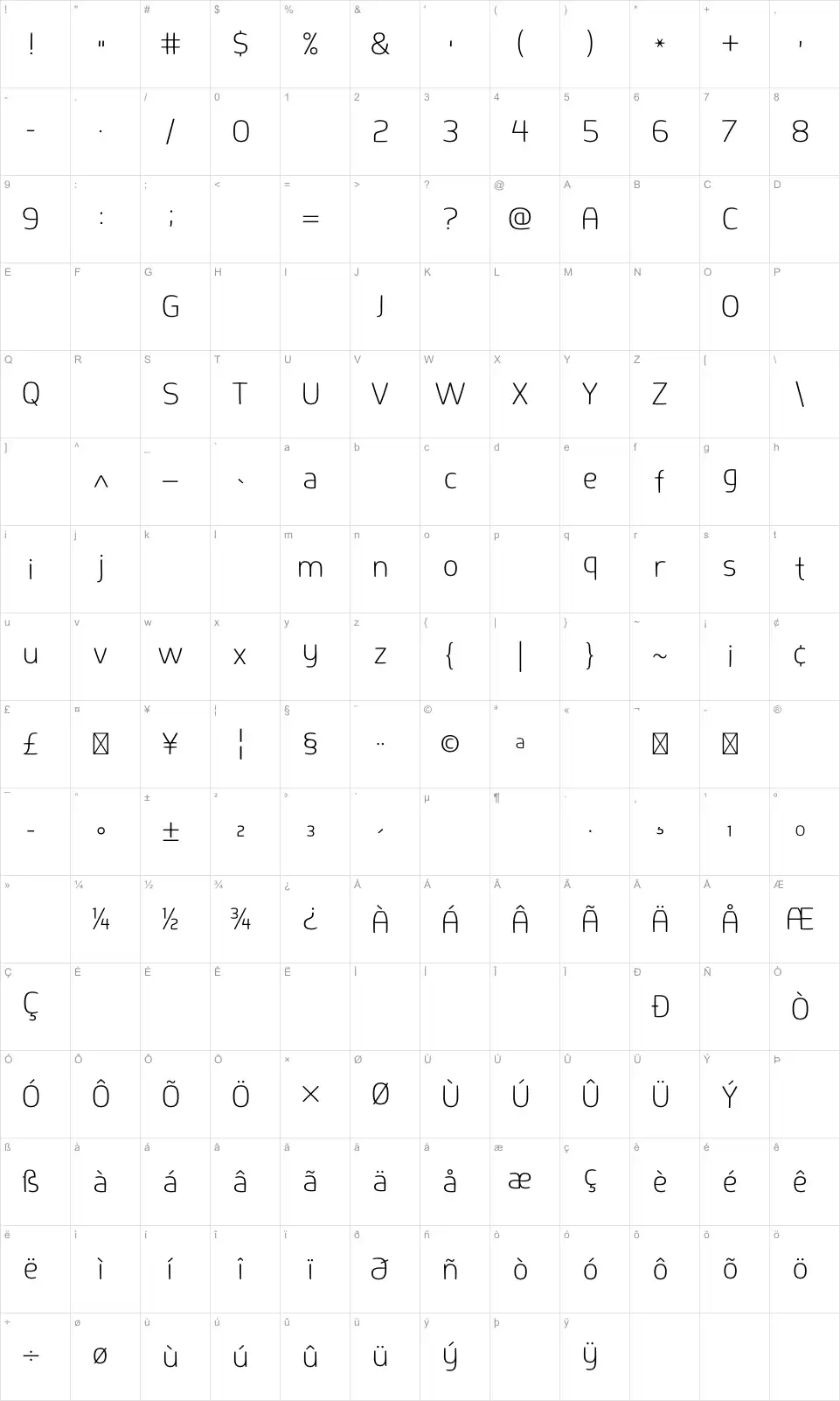 Mapa de caracteres da fonte Springsteel Light