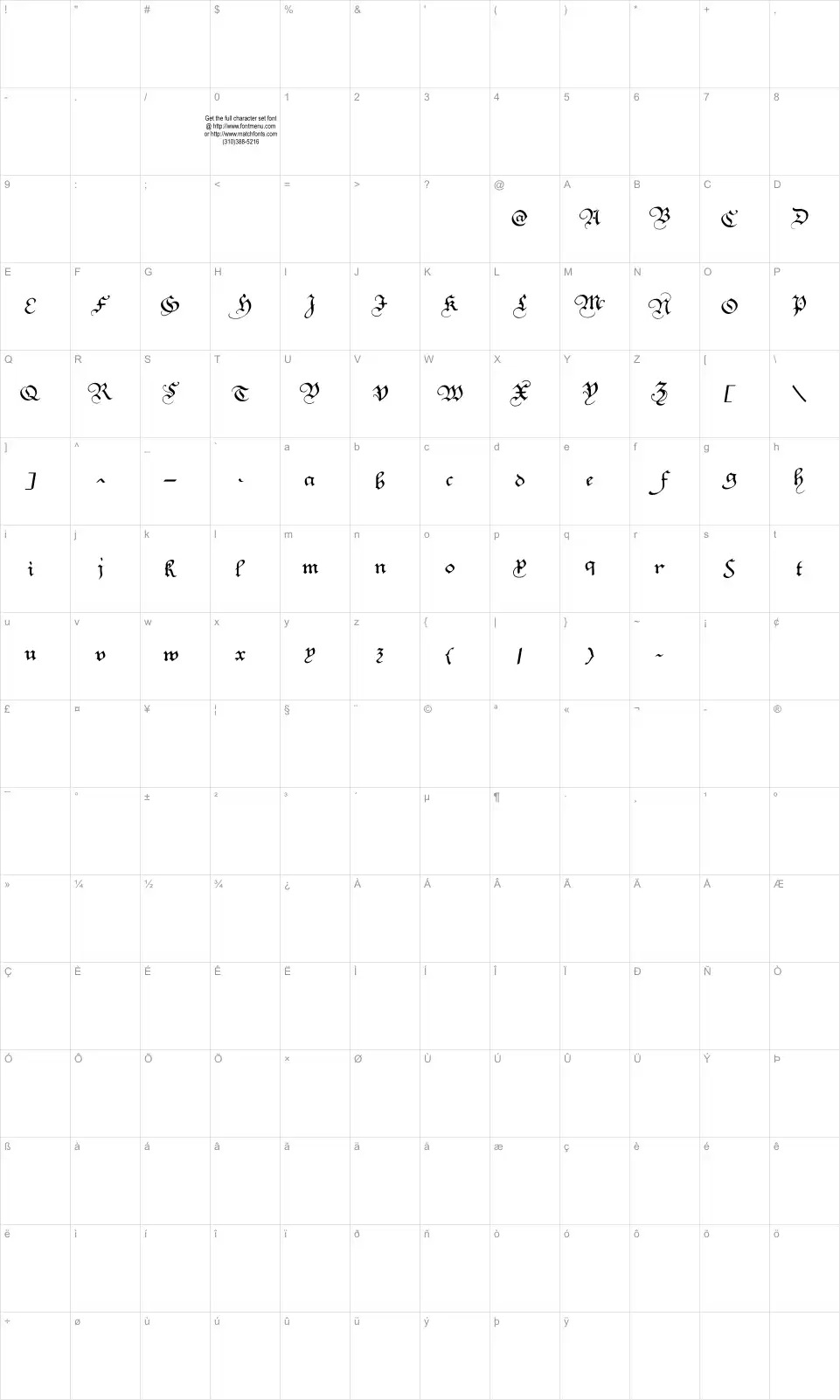 Mapa de caracteres da fonte Square Text