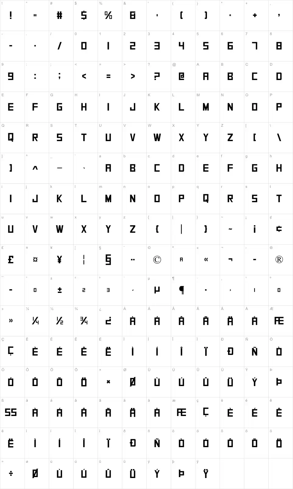 Mapa de caracteres da fonte SquareFont