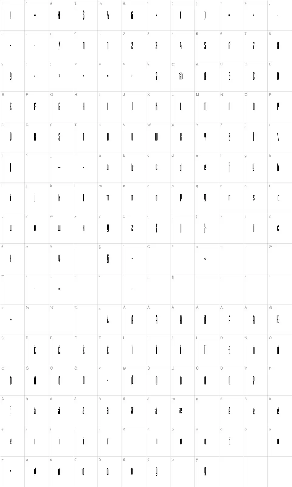 Mapa de caracteres da fonte ST Moviehead