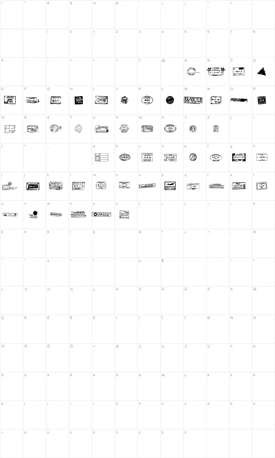 Mapa de caracteres da fonte Stamp Seal TFB
