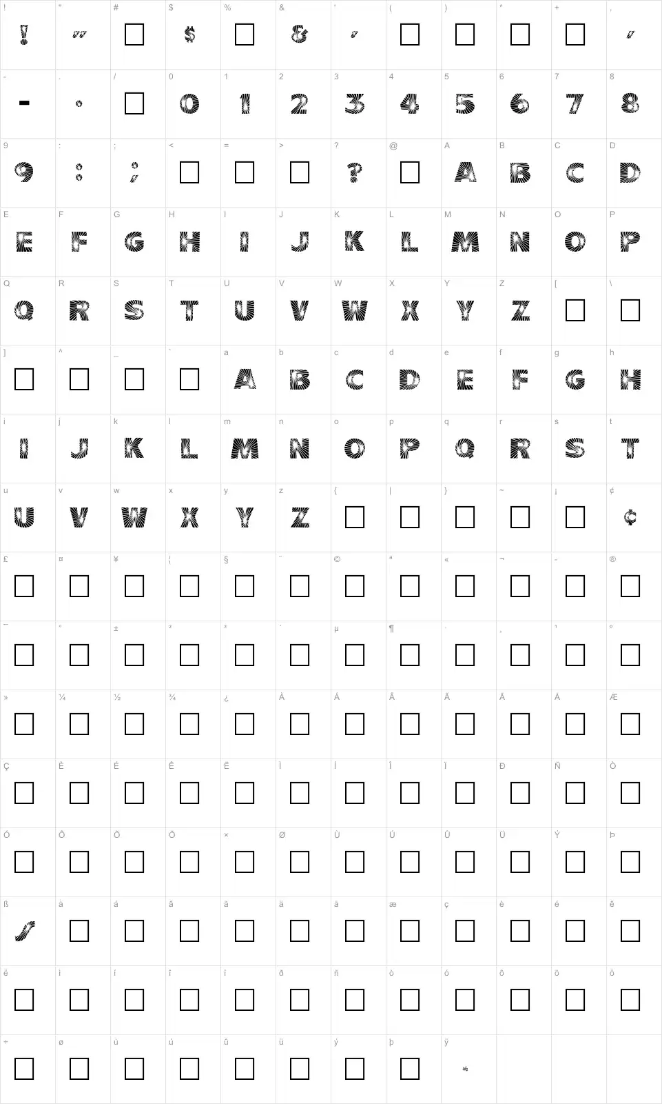 Mapa de caracteres da fonte Starbust