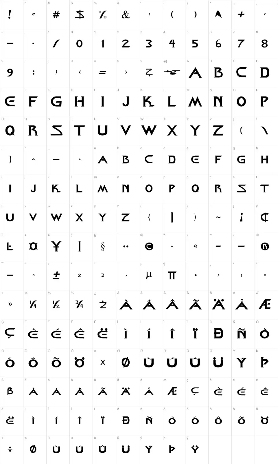 Mapa de caracteres da fonte Starcine