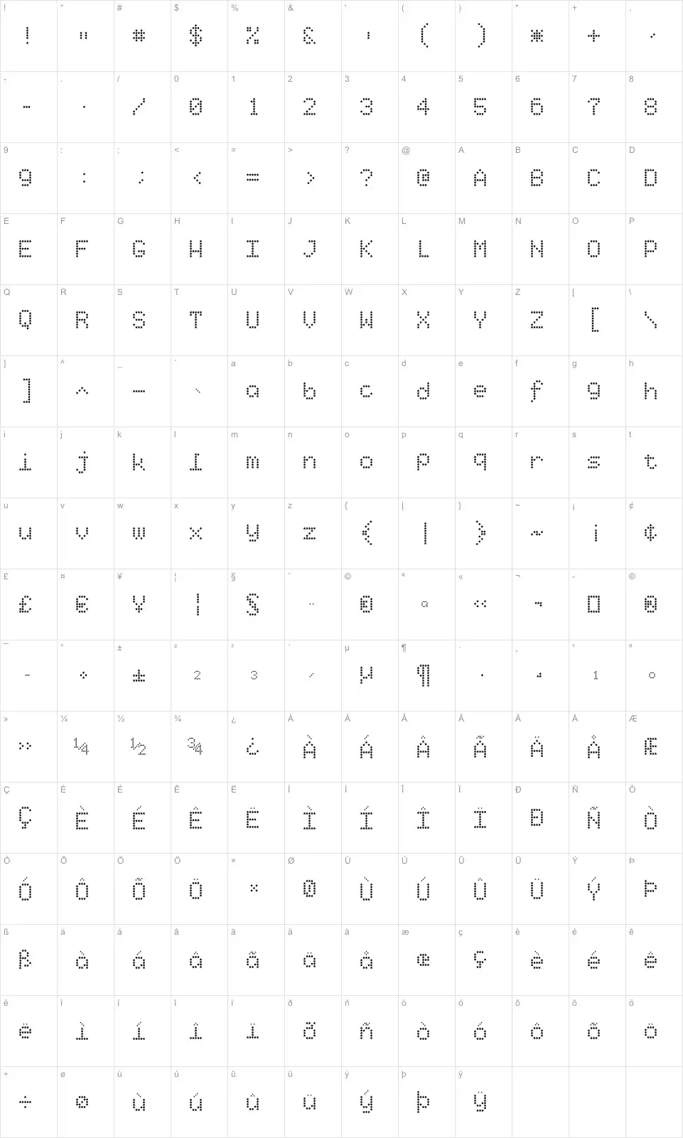 Mapa de caracteres da fonte Starry Type