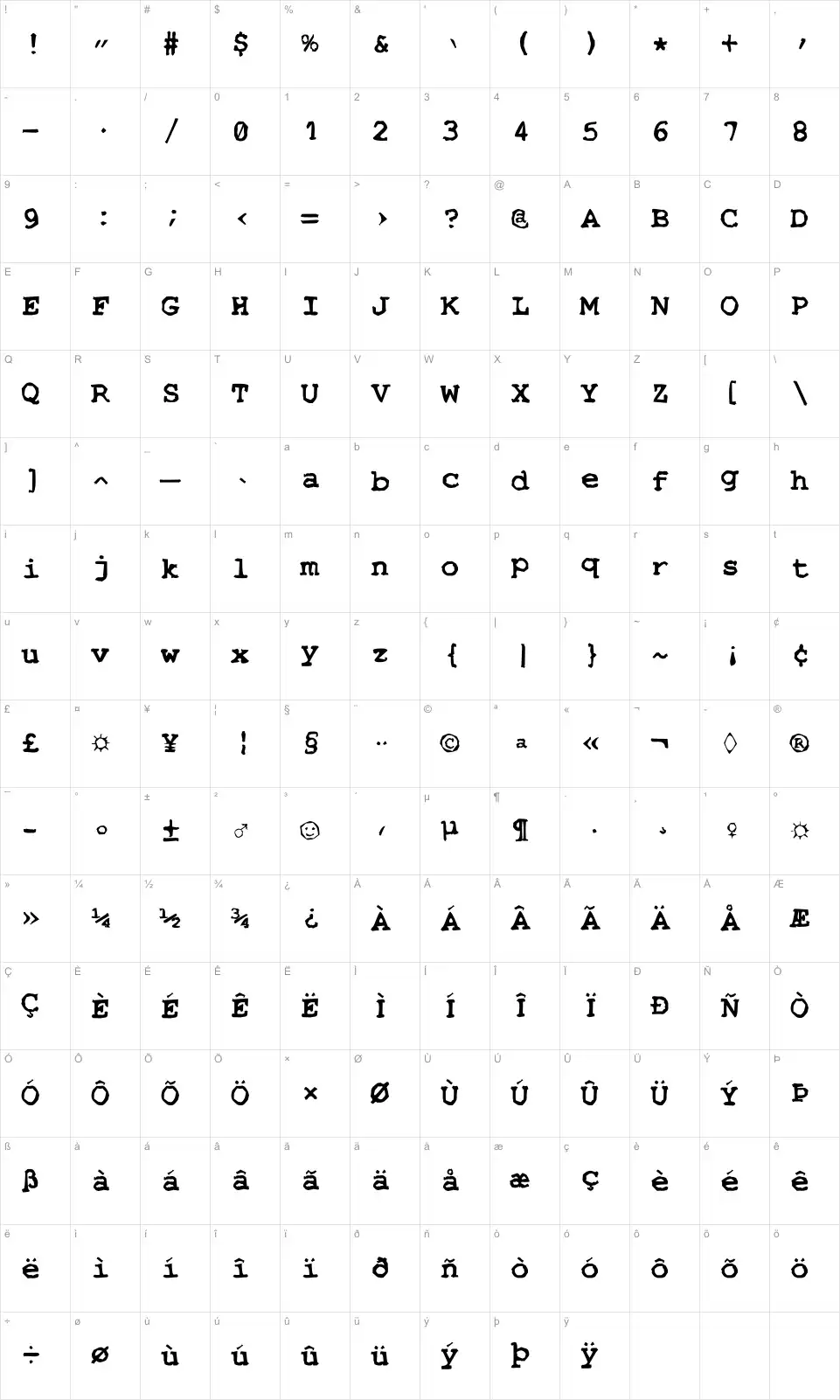 Mapa de caracteres da fonte Stempel