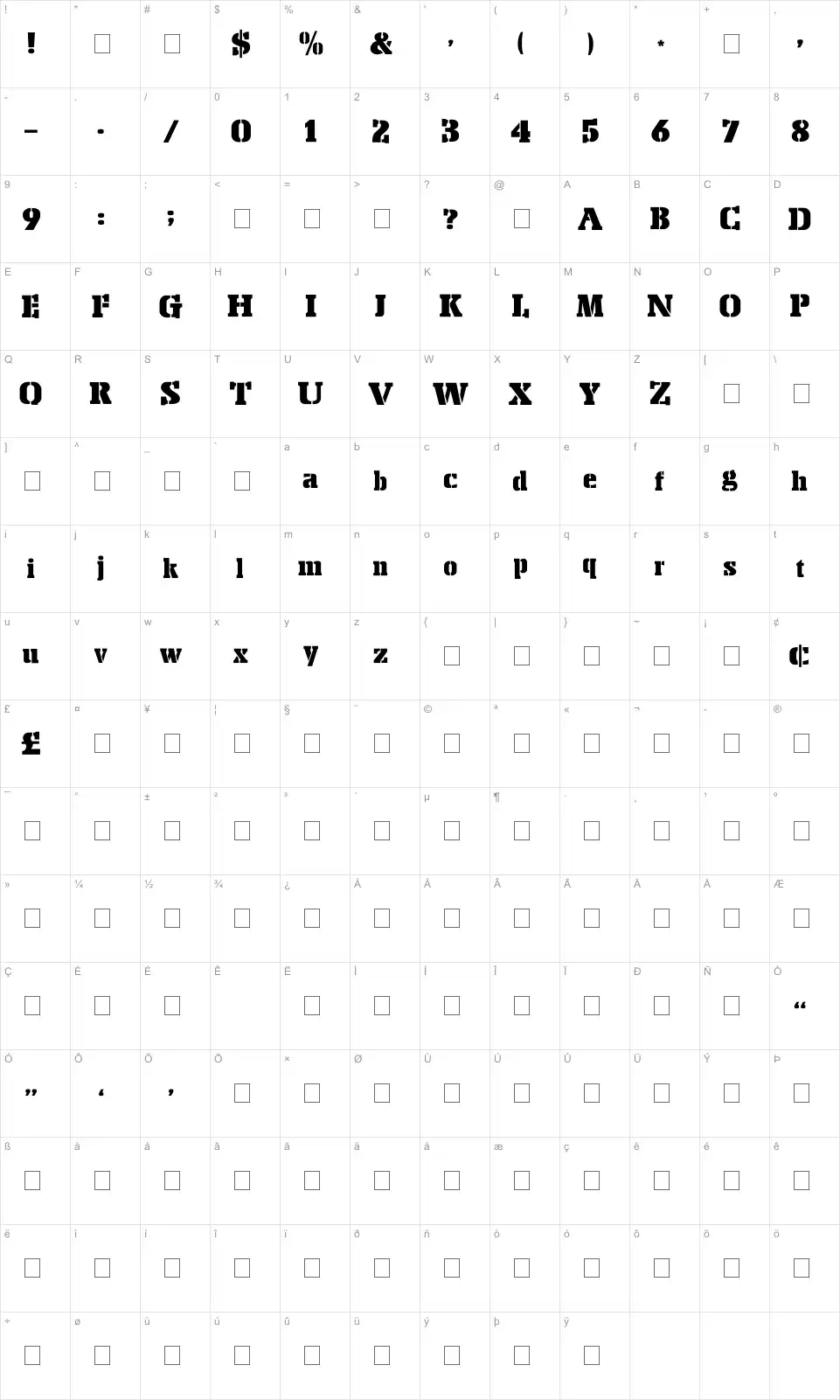 Mapa de caracteres da fonte Stencil Export