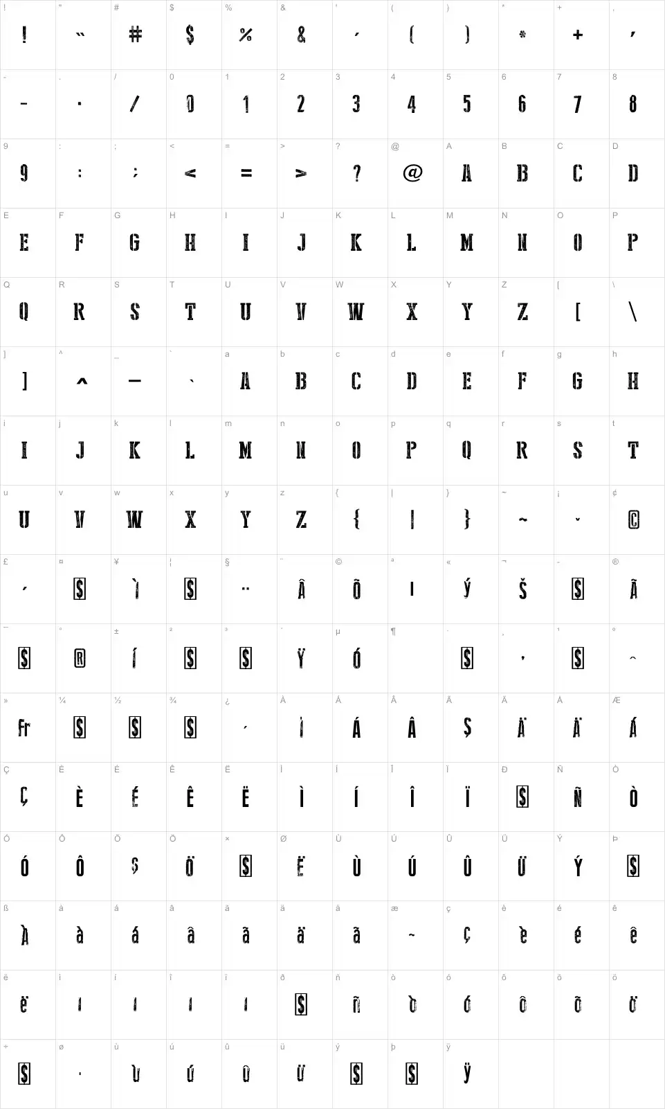 Mapa de caracteres da fonte Stencil Style New