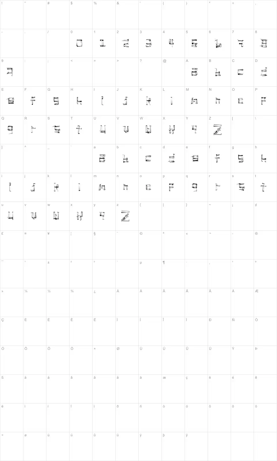 Mapa de caracteres da fonte Stickchop