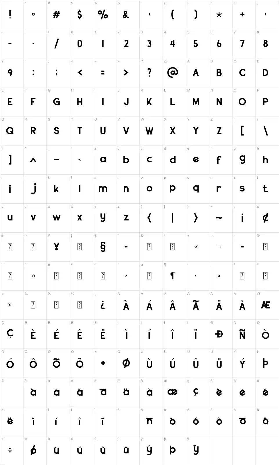 Mapa de caracteres da fonte Stout Deco