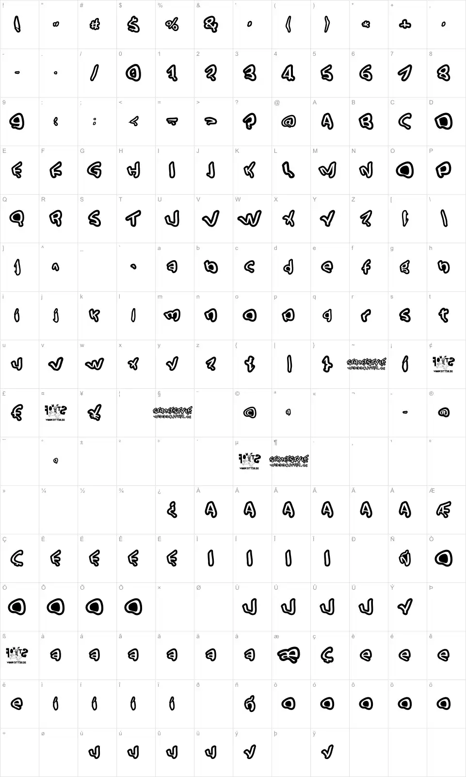 Mapa de caracteres da fonte Street Style