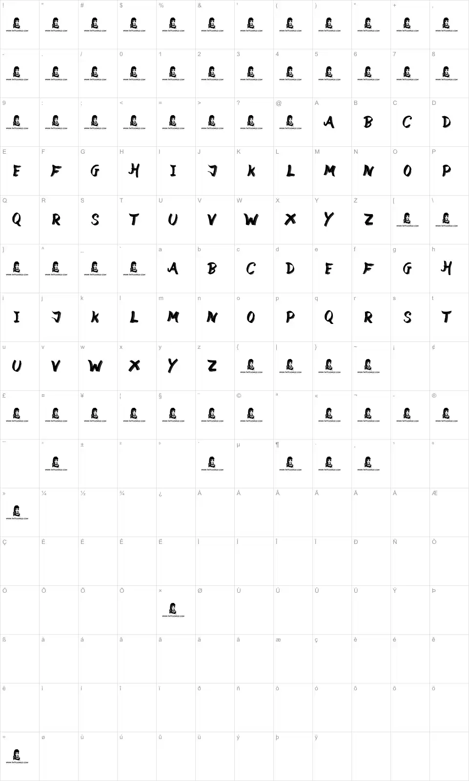Mapa de caracteres da fonte Street Wild