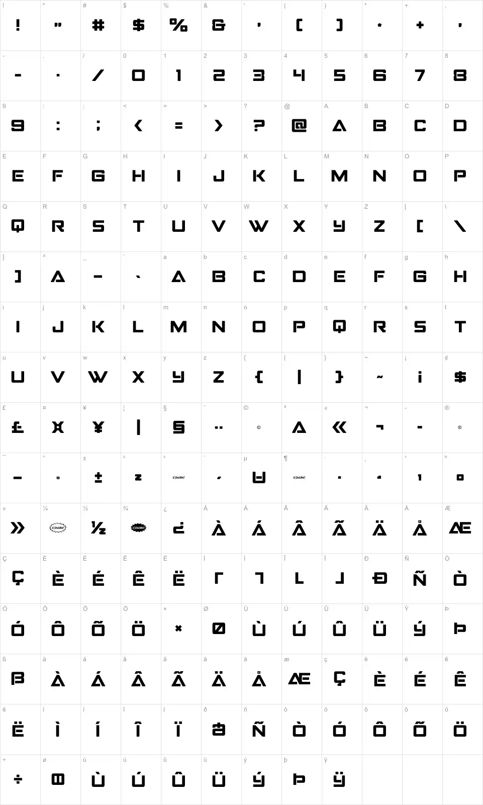 Mapa de caracteres da fonte Strike Fighter