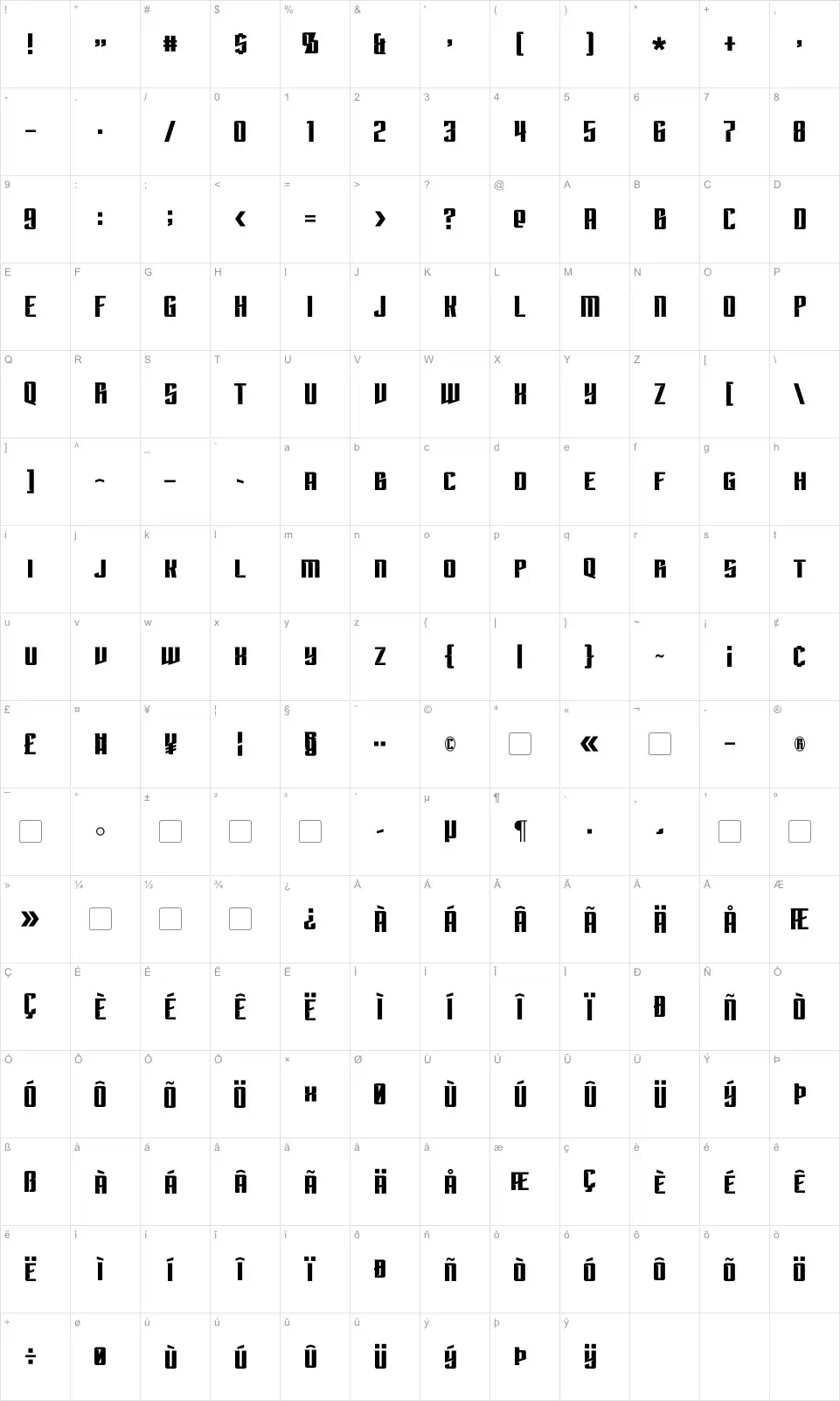 Mapa de caracteres da fonte Subspace