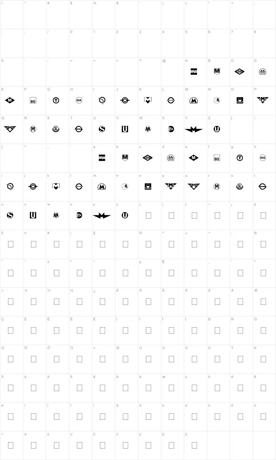 Mapa de caracteres da fonte Subway Sign