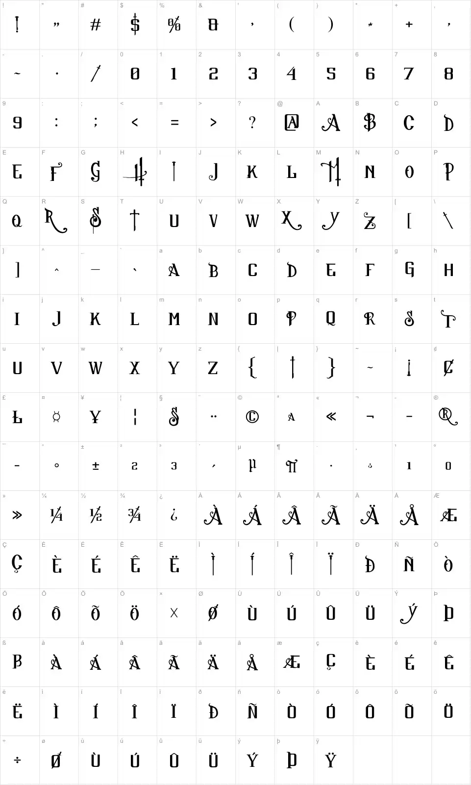 Mapa de caracteres da fonte Sucker Font