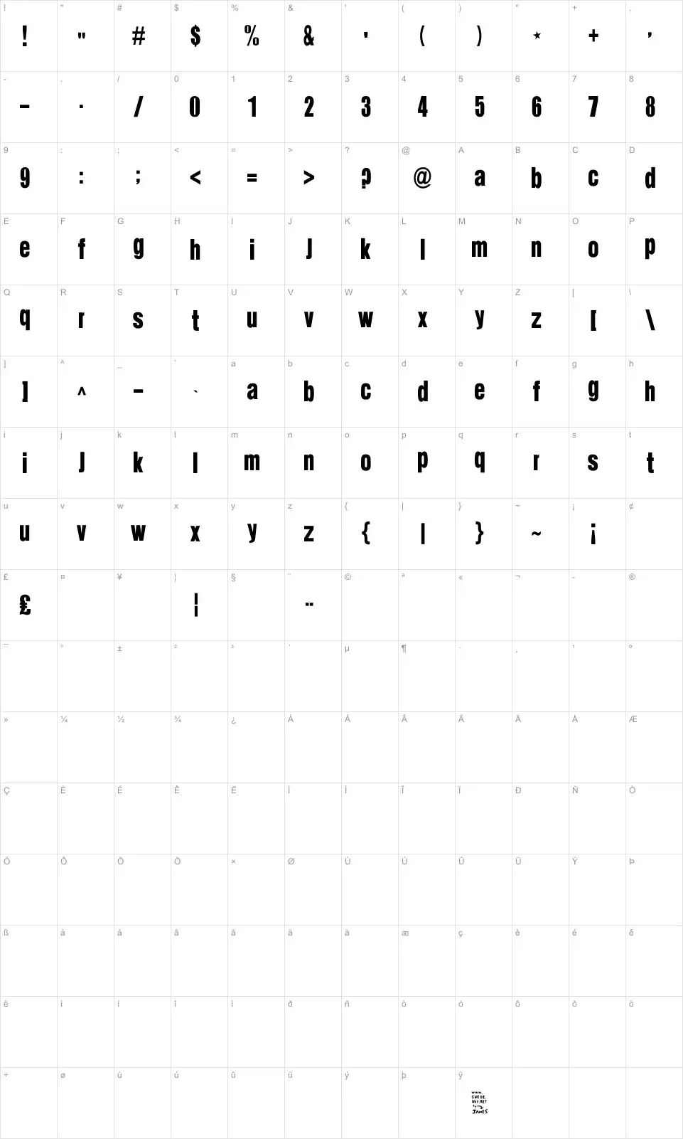 Mapa de caracteres da fonte Suede
